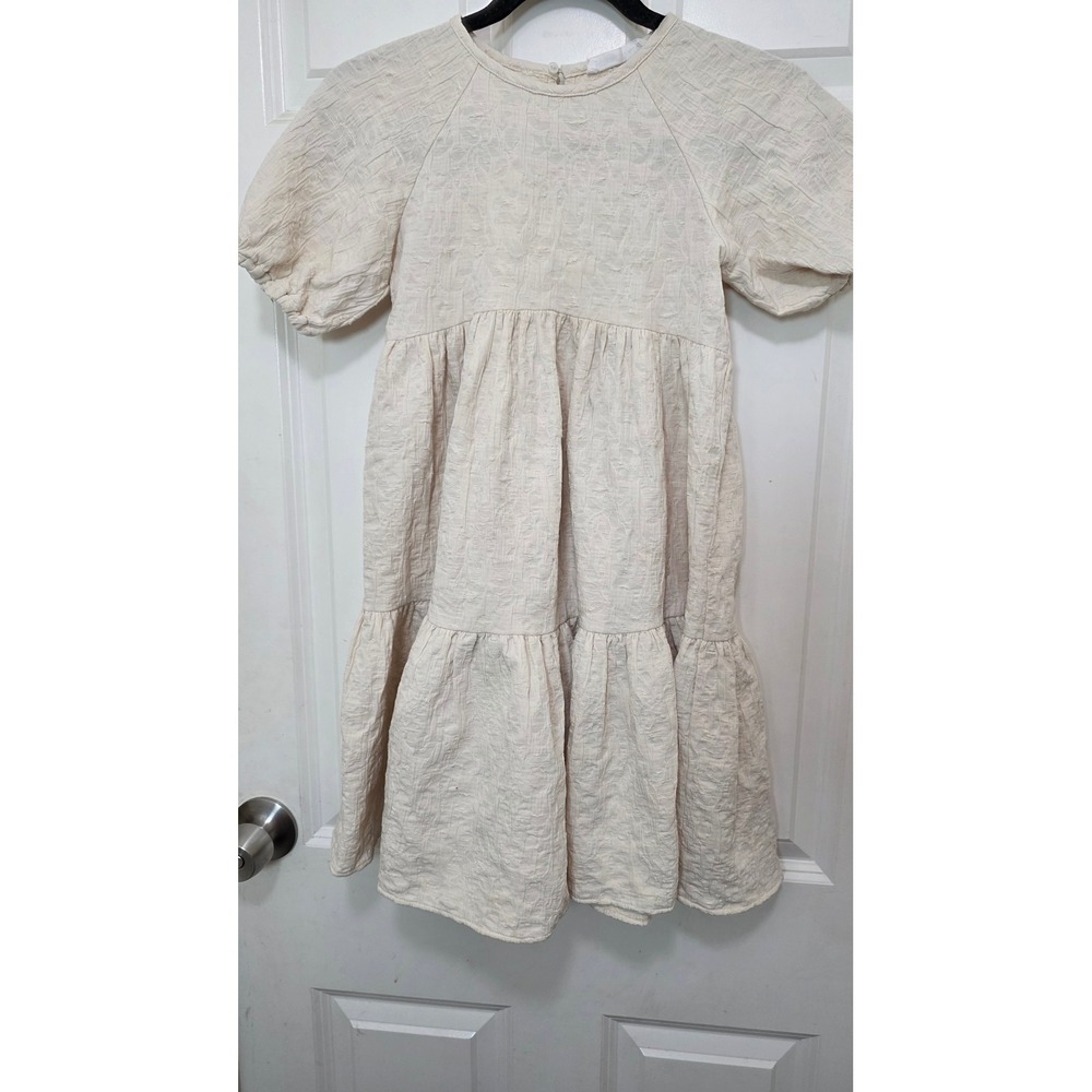 Zara Girls Textured Tiered Babydoll Dress Size 8 Cream‎ Puff Sleeve Mini Boho